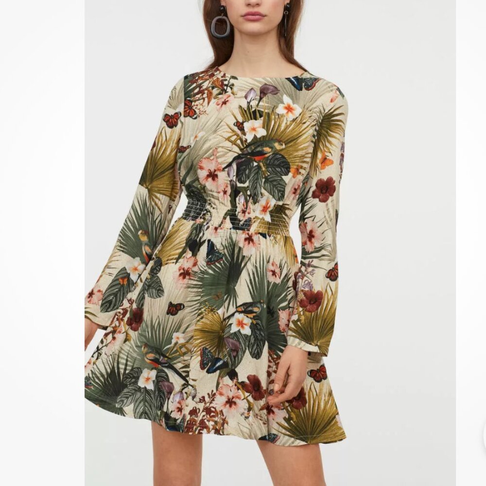 H&M Dress Long Sleeves Floral Tropical Butterflies Cinched Waist Round Neck‎ 6